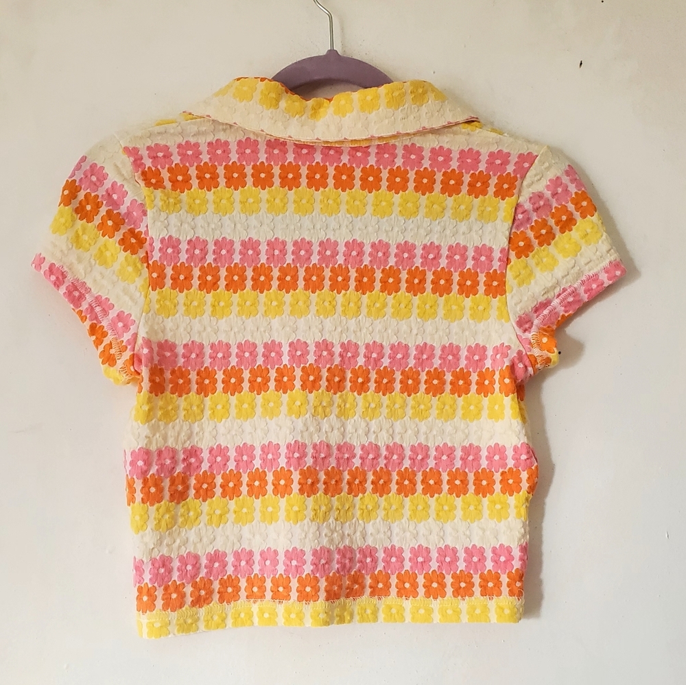 Free People Pink Yellow Orange Floral Knit Polo Top - Picture 8 of 8